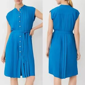NWT* Ann Taylor Pleated Belted  Button Front Cap Sleeve Dress Royal Blue Size 18